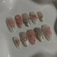 24pcs Sweet False Nail Patches Detachable Fake Nail Tips With Bowknots Love Heart Pearl Design Pink Almond Korean Press On Nail