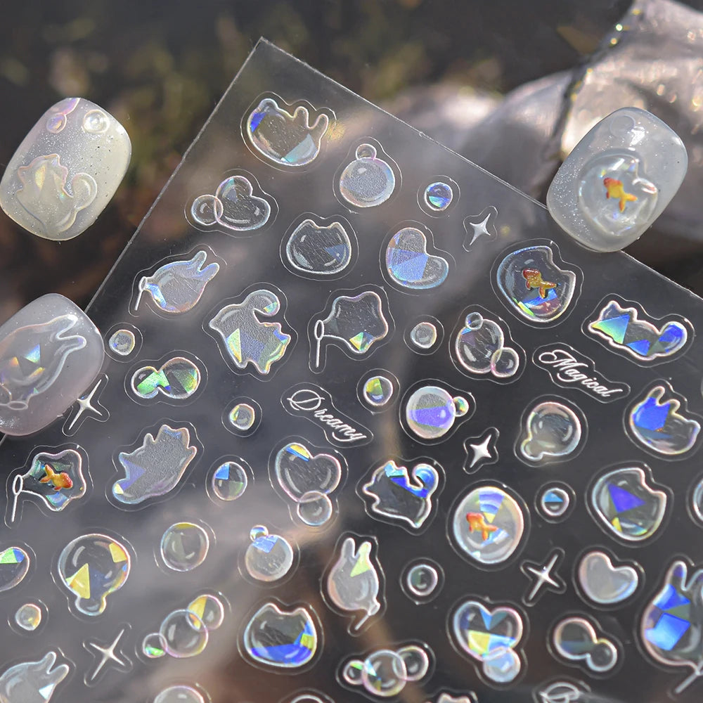 Magical Blow Bubbles Goldfish Bunny Rabbit Cat Kitten Shape Shiny Dreamy Bubbles 5D Nail Art Decorations Sticker Manicure Decal