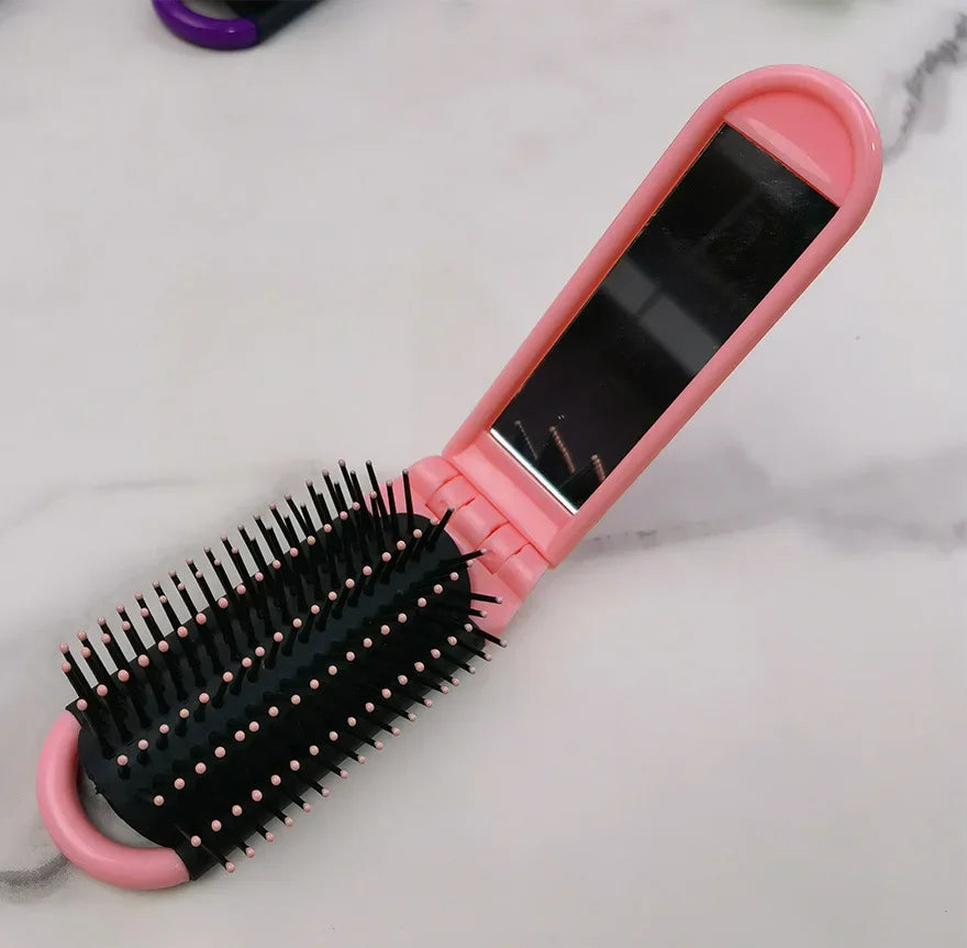 Portable Travel Folding Hair Brush With Mirror Compact Pocket Size Comb ABS Heat-Resistant Folding Comb Portable Dual-Use