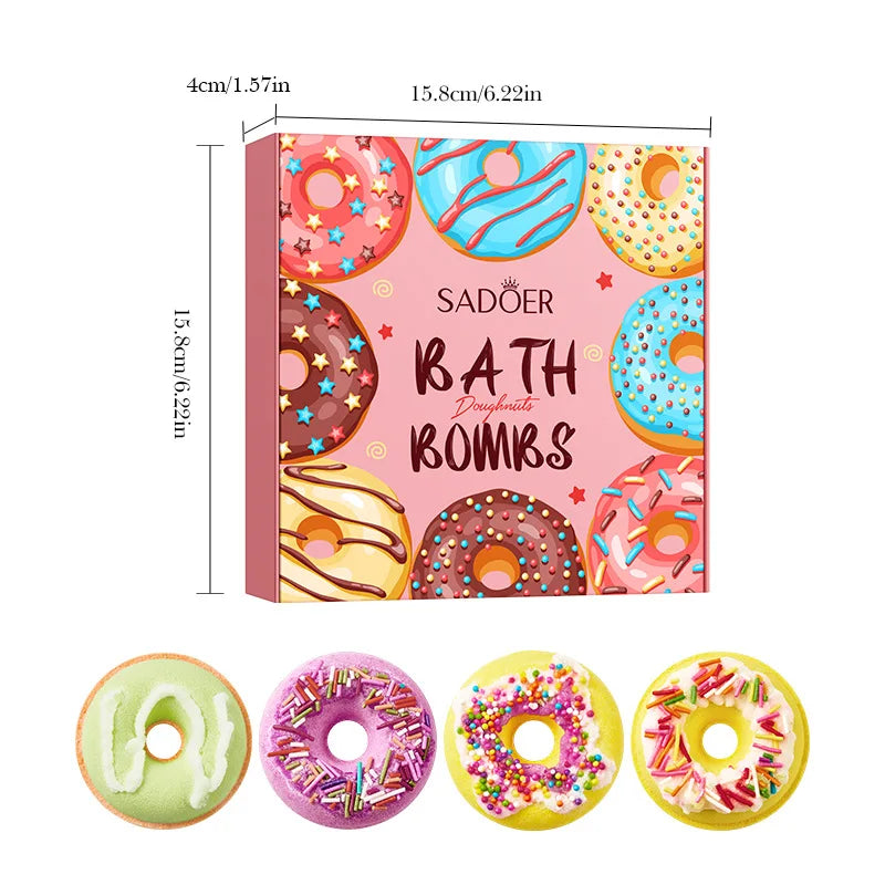 Donut Bath Bombs Set – 4pc Fizzy Bath Salts with Sea Salt & Shea Butter, Handmade Colorful Soak for Relaxing Bath Time