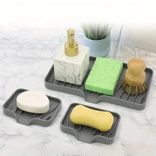 Self Draining Soap Bar Holder Silicone Kitchen Sink Soap Dish Sponge Tray Counter Caddy Organizer for Dish Soap Dispenser