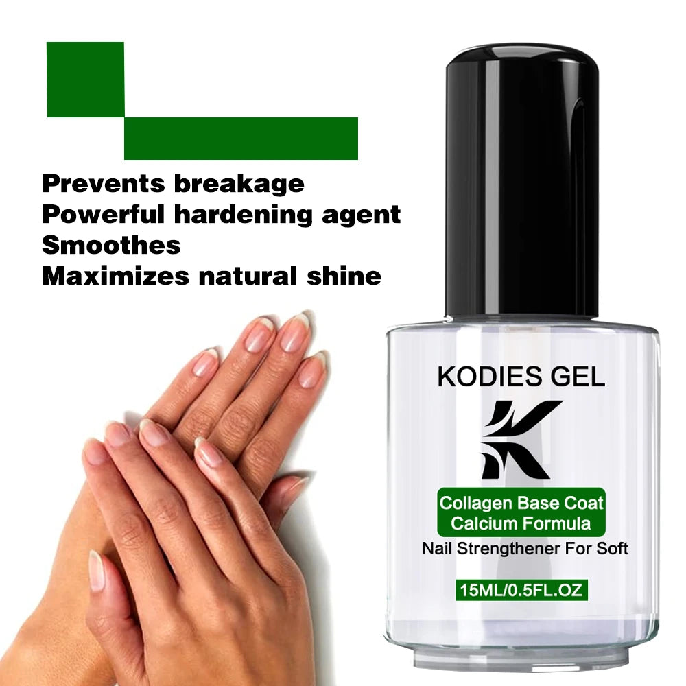 KODIES GEL Collagen Base Coat Nail Strengthener Quick Dry Nail Growth Hardener Clear Protein Keratin Formula Base Oil Repair