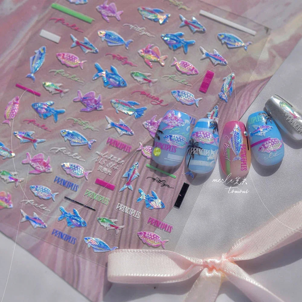 Magical Blow Bubbles Goldfish Bunny Rabbit Cat Kitten Shape Shiny Dreamy Bubbles 5D Nail Art Decorations Sticker Manicure Decal