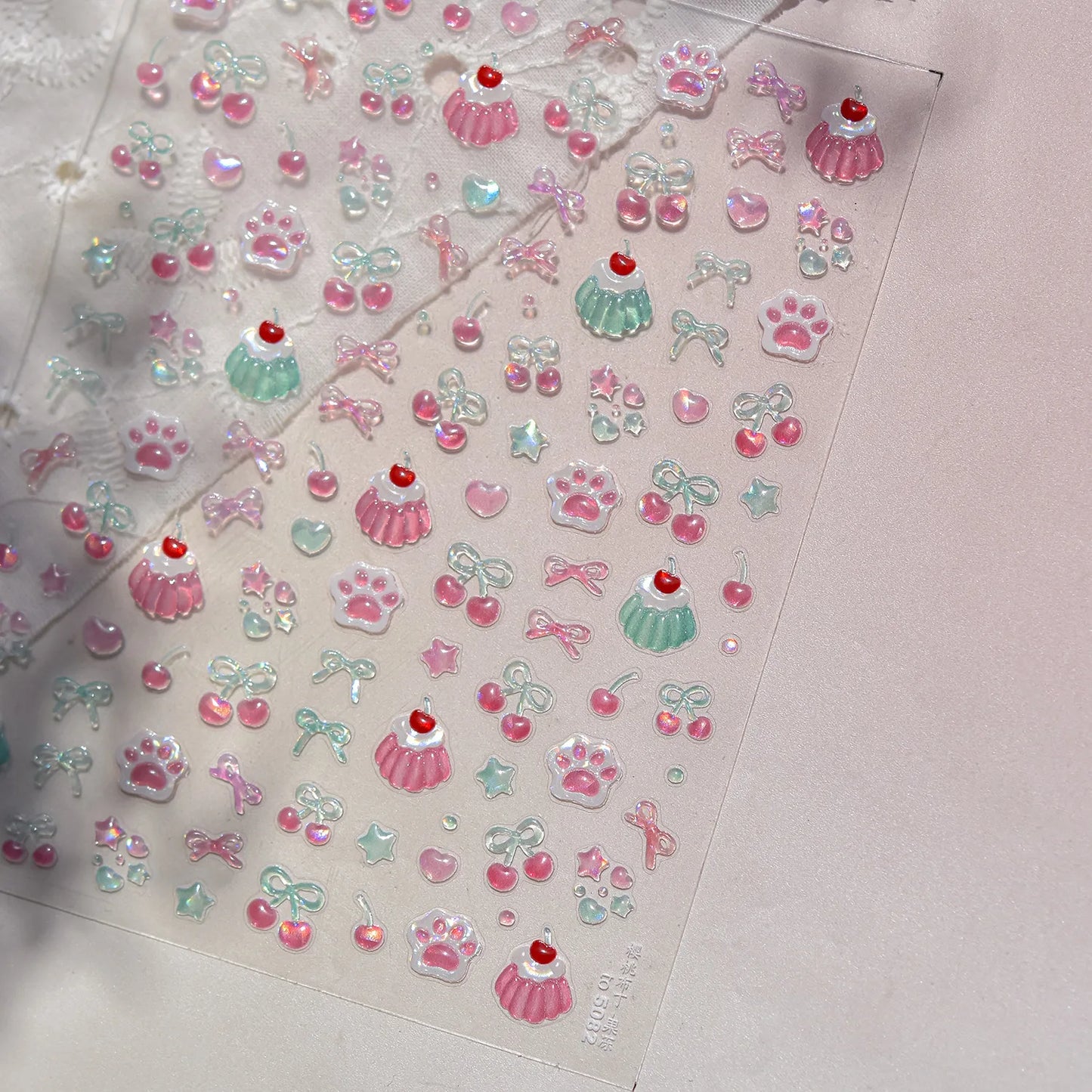 Pink Pudding Cherry Bowknot Heart shaped Star Claw Print Sweet Self Adhesive 5D Nail Art Decoration Sticker Manicure Decal DIY