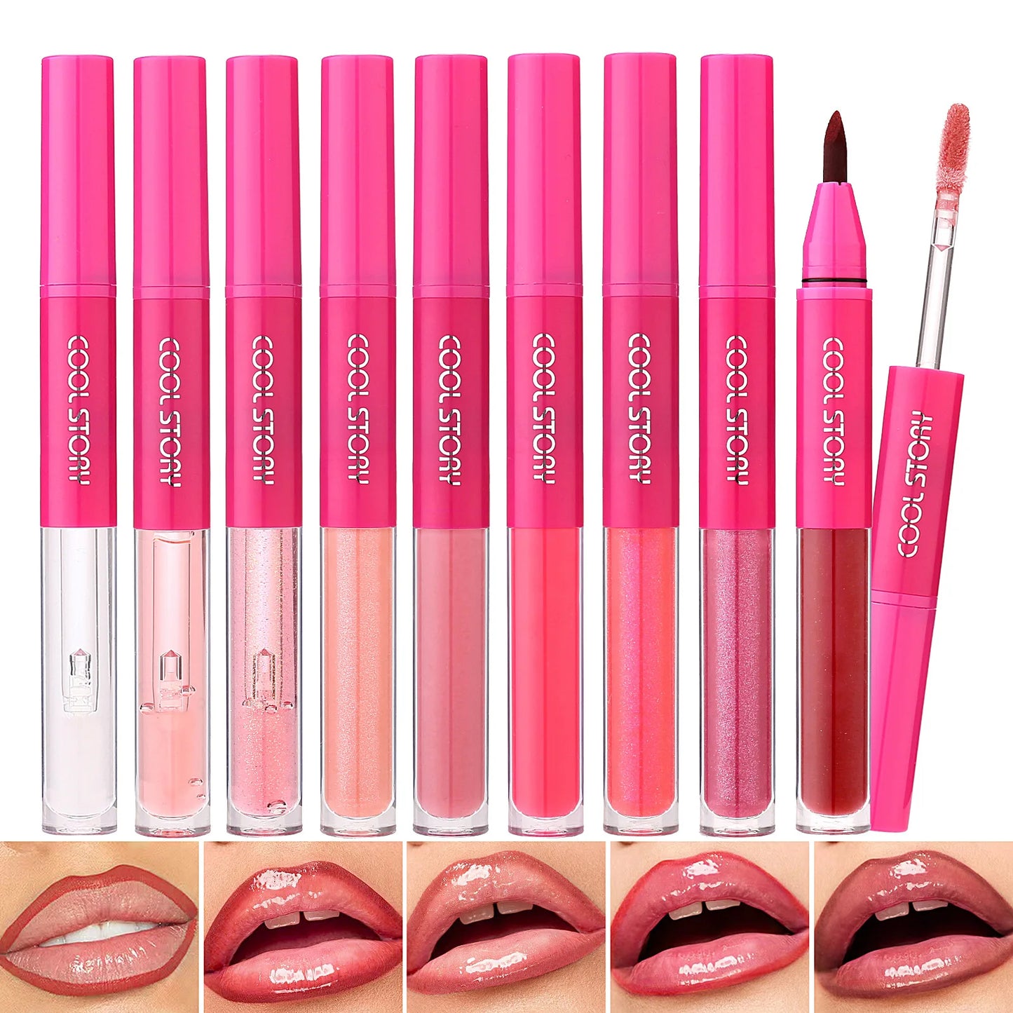 2 in 1 Matte Lip Liner Mirror Lip Gloss Waterproof Plumping Stain Hydrating Shiny Transparent Lip Oil Jelly Lips Contour Makeup