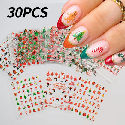 30pcs Festive Christmas Nail Art Stickers Set Self-Adhesive,Disposable Decals Reindeer Xmas Tree Designs Cute Semi-Matte Finish