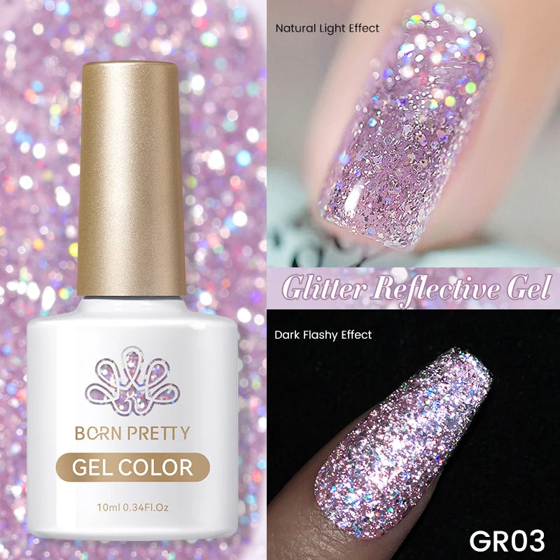 BORN PRETTY 10ml Sparkling Glitter Reflective Gel Nail Polish Sparkly Holo Shiny Pink Silver Black Gel Nail Art Salon Varnish