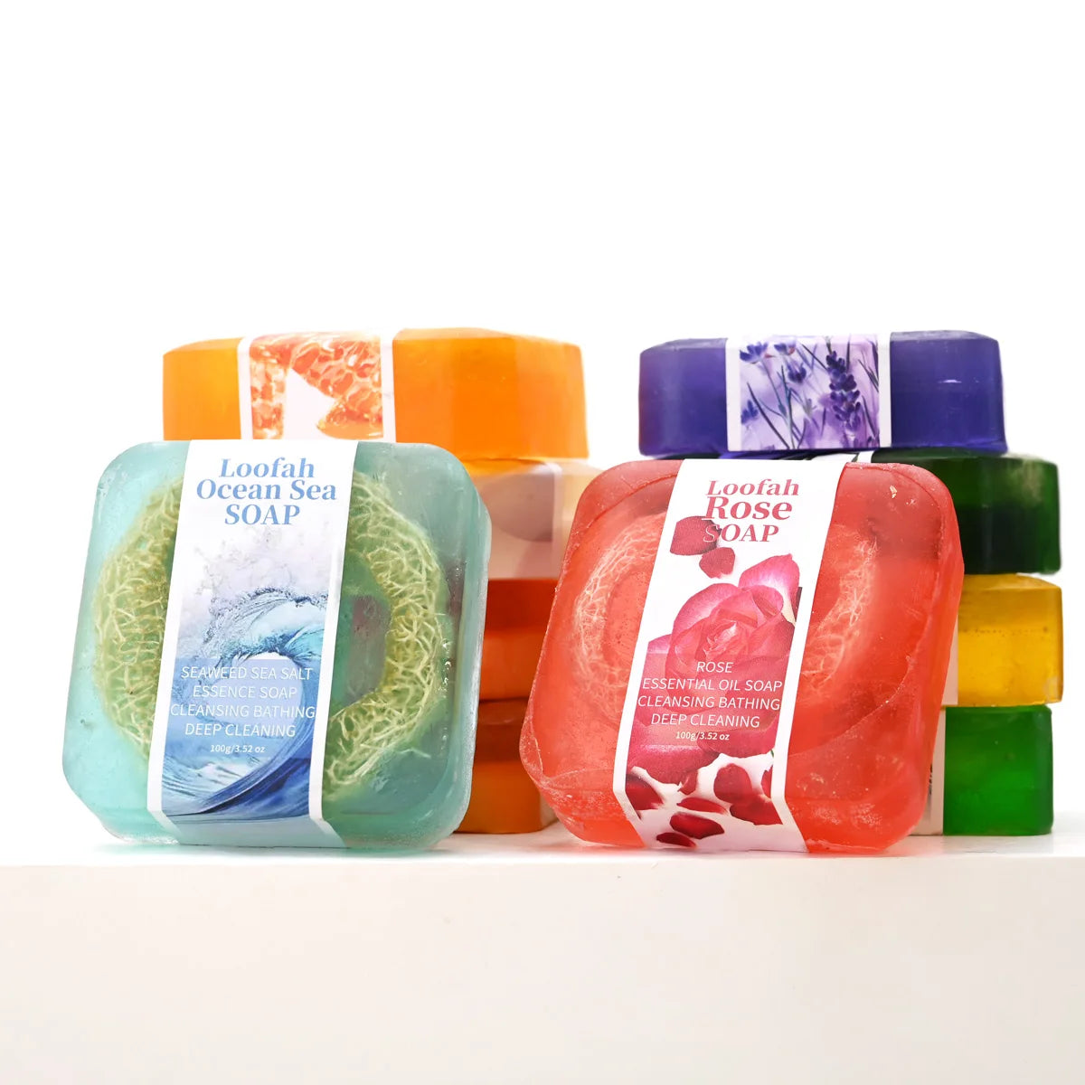 S+100g Natural Organic Rose Silk Gourd Network Oil Soap Lemon Whitening Face Body Wash Bar Loofah Soap