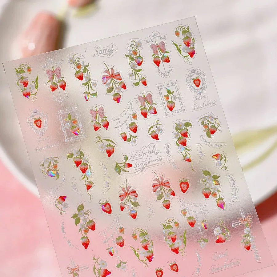 Pink Pudding Cherry Bowknot Heart shaped Star Claw Print Sweet Self Adhesive 5D Nail Art Decoration Sticker Manicure Decal DIY