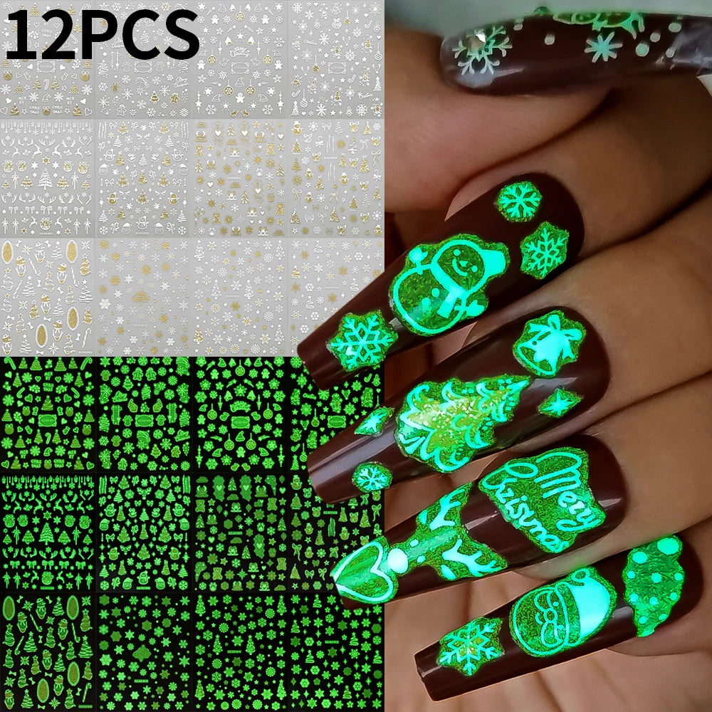 12sheets Laser Sliver Snowflakes/snowballs 3D Christmas Nail Art Decals Dreame Laser Santa Claus Snowman Nail Stickers Charms﻿