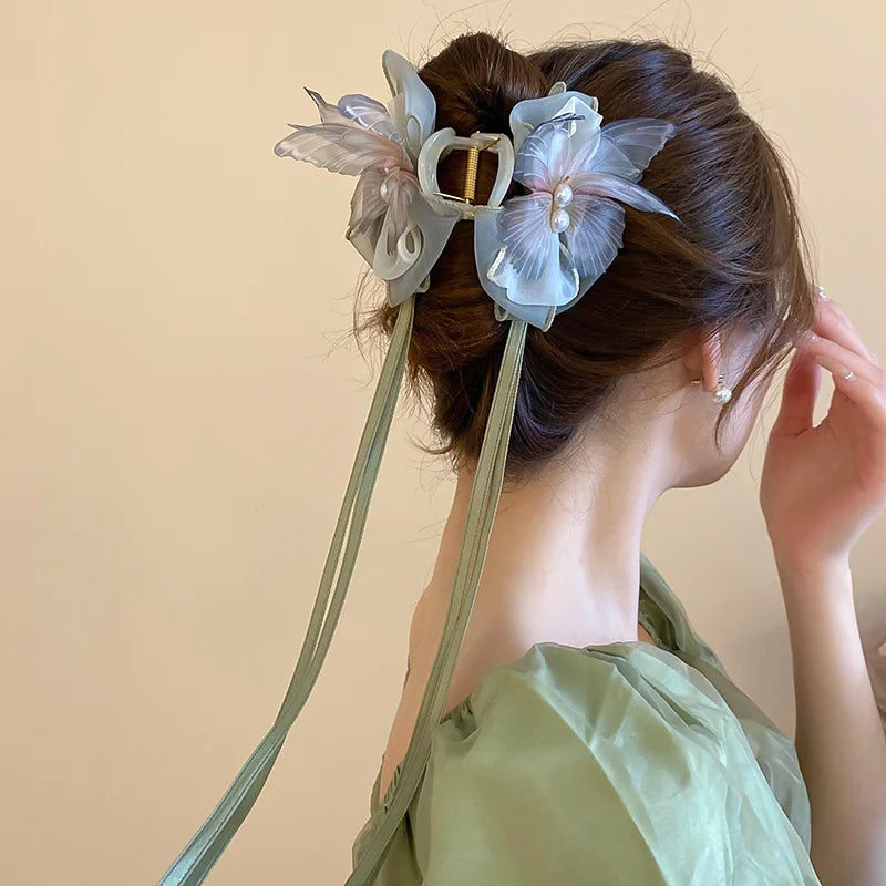 Neo Chinese Style Green Bow Butterfly Hair Claws Clips For Women Imitation Pearl Long Ribbon Tassel Grips Acrylic Shark Clip