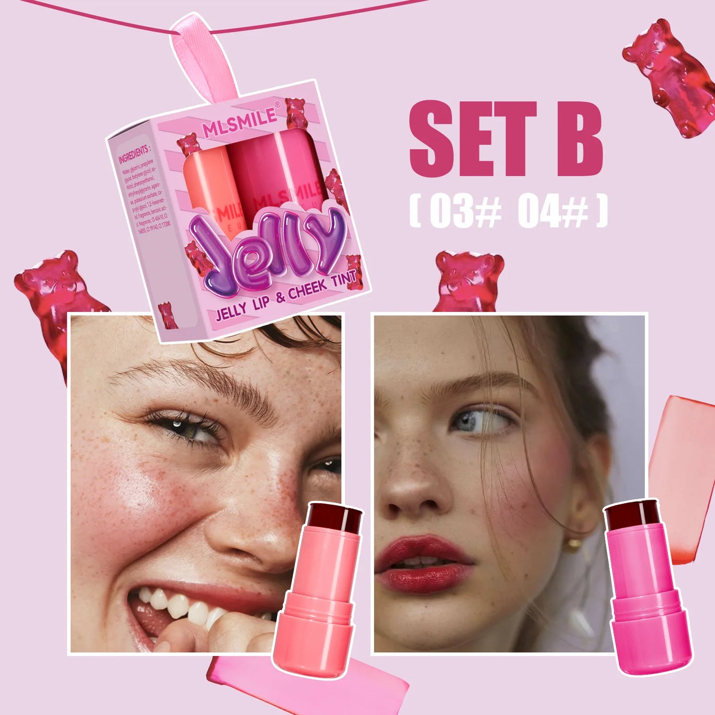 Women Brightening Face Blush Stick 2PCS Jelly Set Purple Lip Cheek Makeup Cosmetics Beauty Health