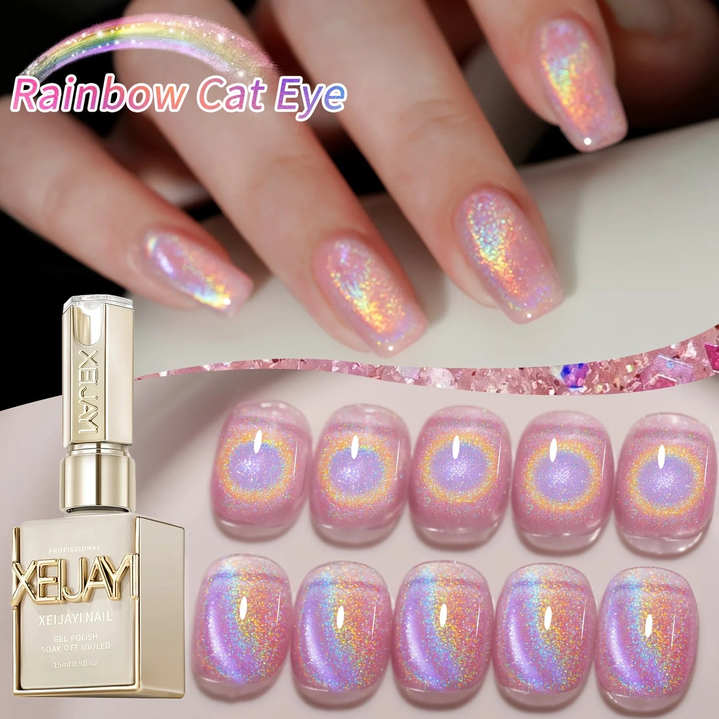 15Ml Rainbow Cat's Eye gel nail polish, UV LED curing, long-acting fast drying nail art gel - ideal gift for women For Spring