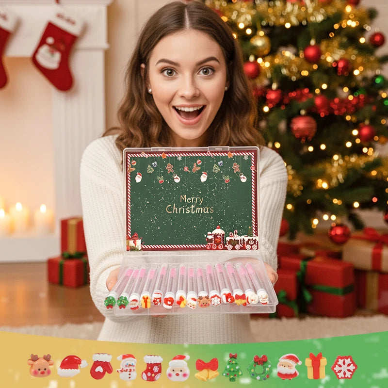 14pcs Gift Box Christmas Mascara Eyelash Brushes Set - Santa Snowflake Design Mascara Wand Makeup Brushes, Travel Eyelash Brush