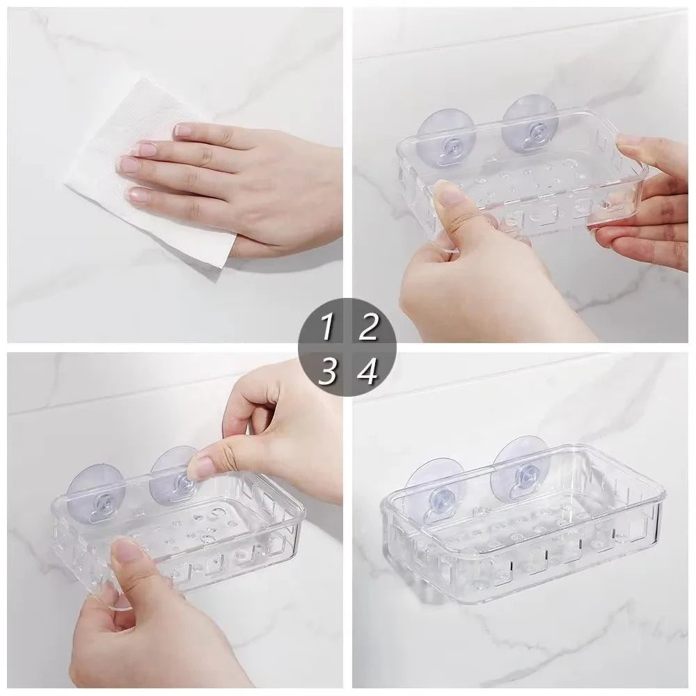 Transparent Suction Cup Soap Dish Reusable Waterproof Plastic Soap Holder No-Drilling Multifunctional Soap Container