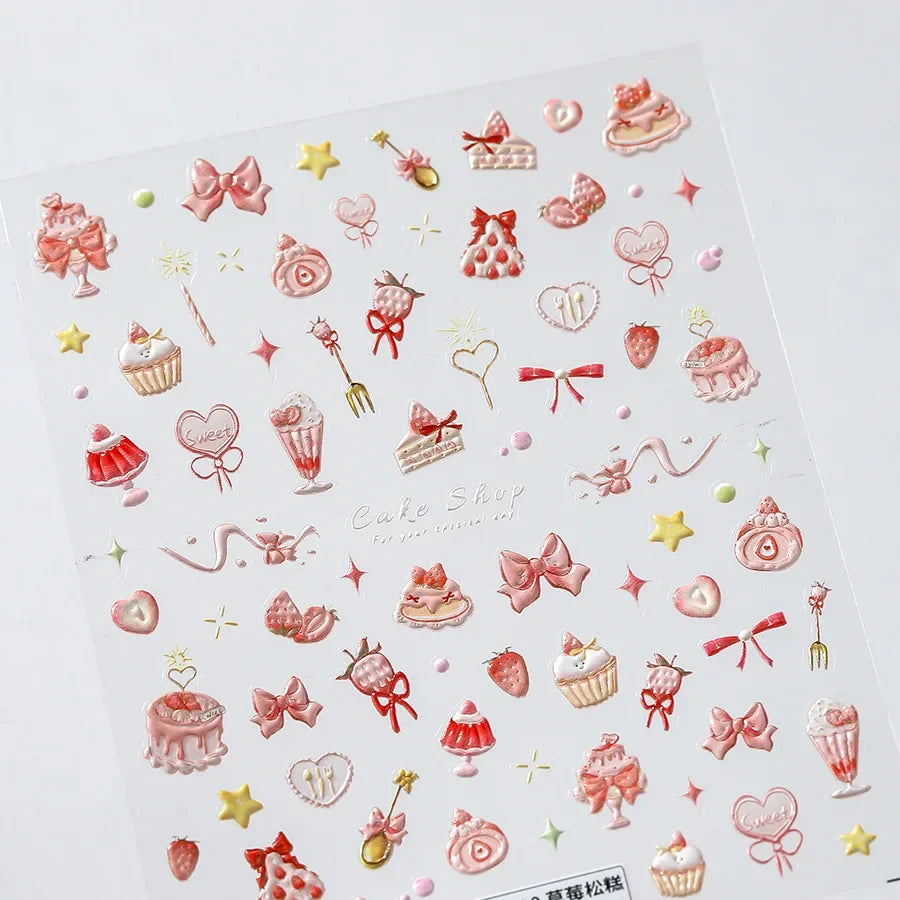 Pink Pudding Cherry Bowknot Heart shaped Star Claw Print Sweet Self Adhesive 5D Nail Art Decoration Sticker Manicure Decal DIY