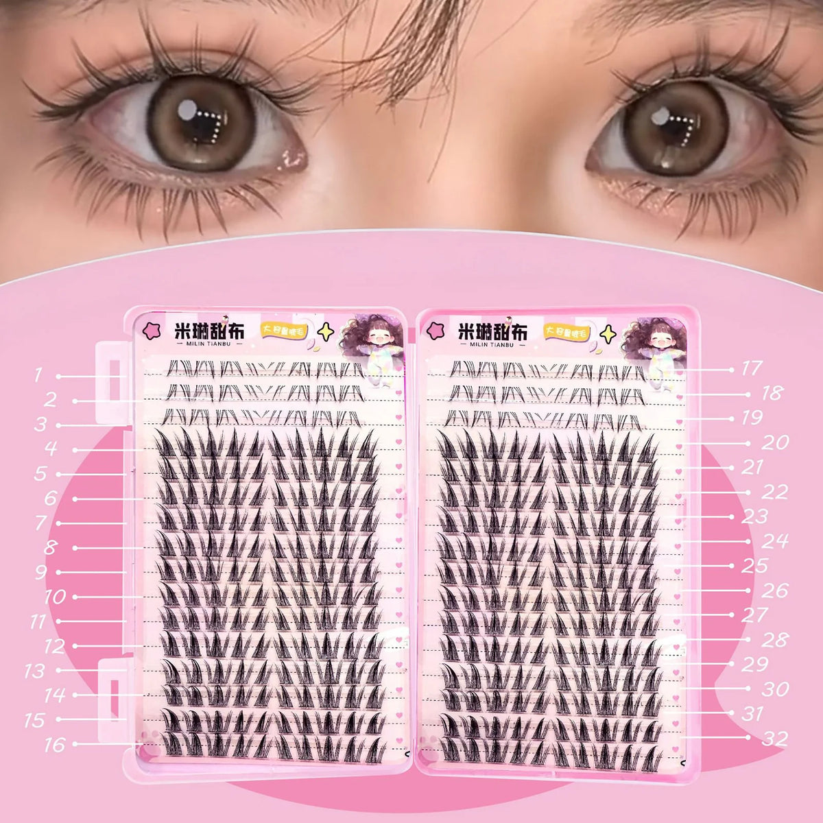 32Rows Anime Cosplay Korean Fake Eyelashes Set Black Volume Foxes False Lashes Extension Curling Girl Group Style Large Capacity