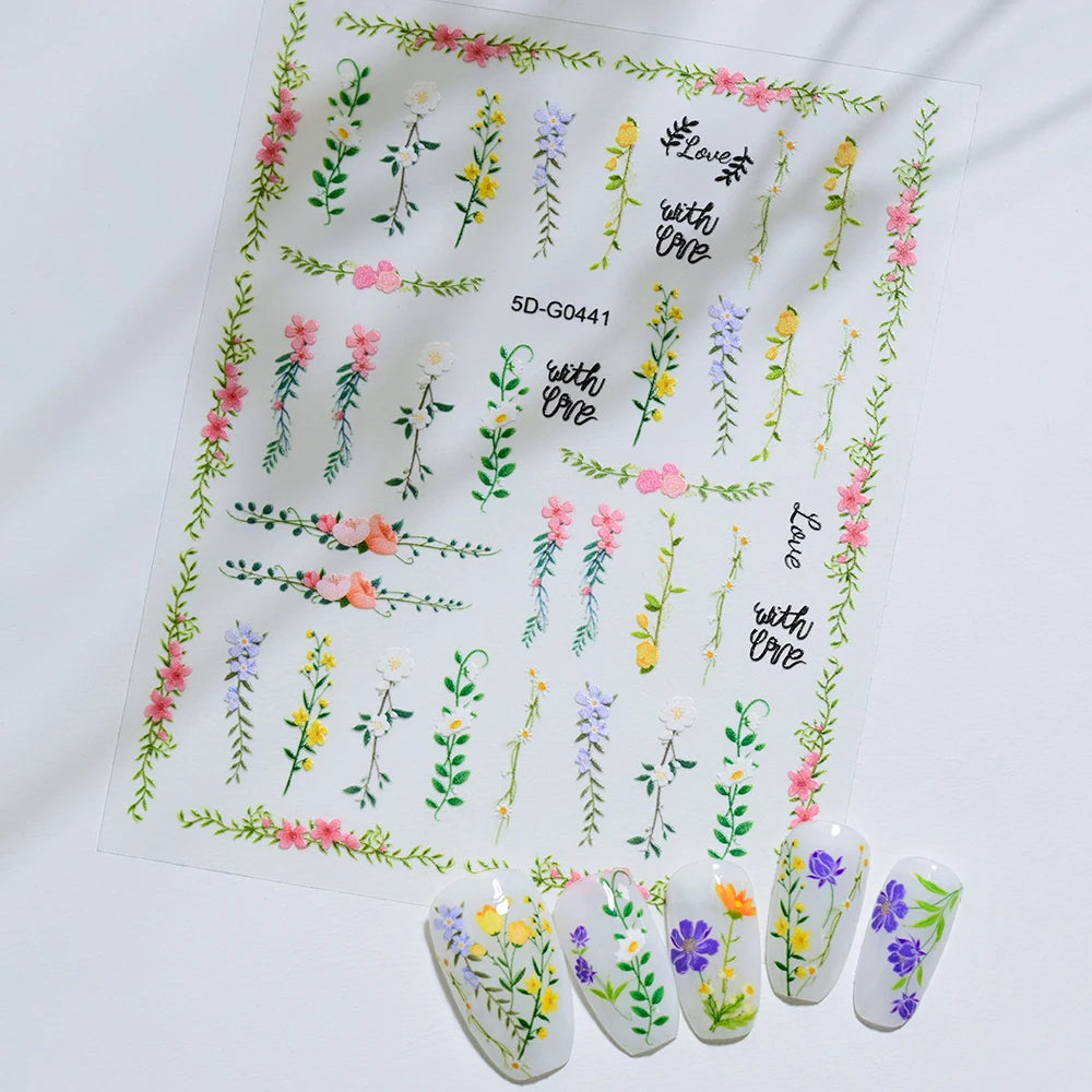 1PC 5D Macaron Flower/Fruit Nail Charms Sticker Embossed Bear/Rabbit/Letter Nails Slider Decals Summer Adhesive Manicure Decor&Y