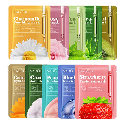 10pcs SADOER Fruit Floral Fragrance Face Mask Moisturizing Firming Hydrating Chamomile Blueberry Facial Masks For Face Skin Care
