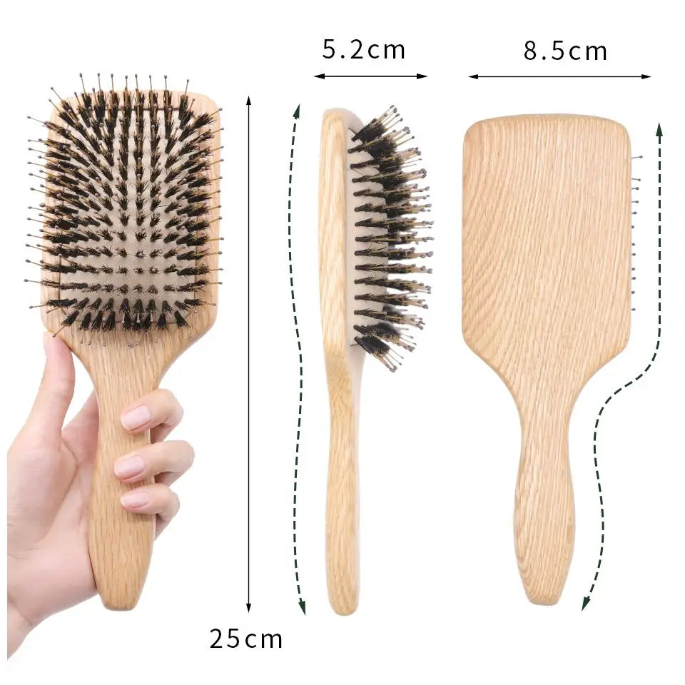 Boar Bristle HairBrush Wood Hair Brush Peine OAK Wood Combs for Women Barber Beauty Care Paddle Scalp Massage Brush