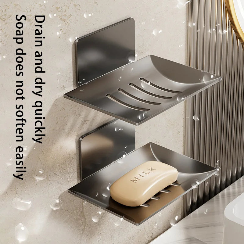 Carbon Steel Wall Mounted Soap Holder No Drilling Bathroom Soap Dish Storage Rack Self-Adhesive Soap Box for Shower Bathroom