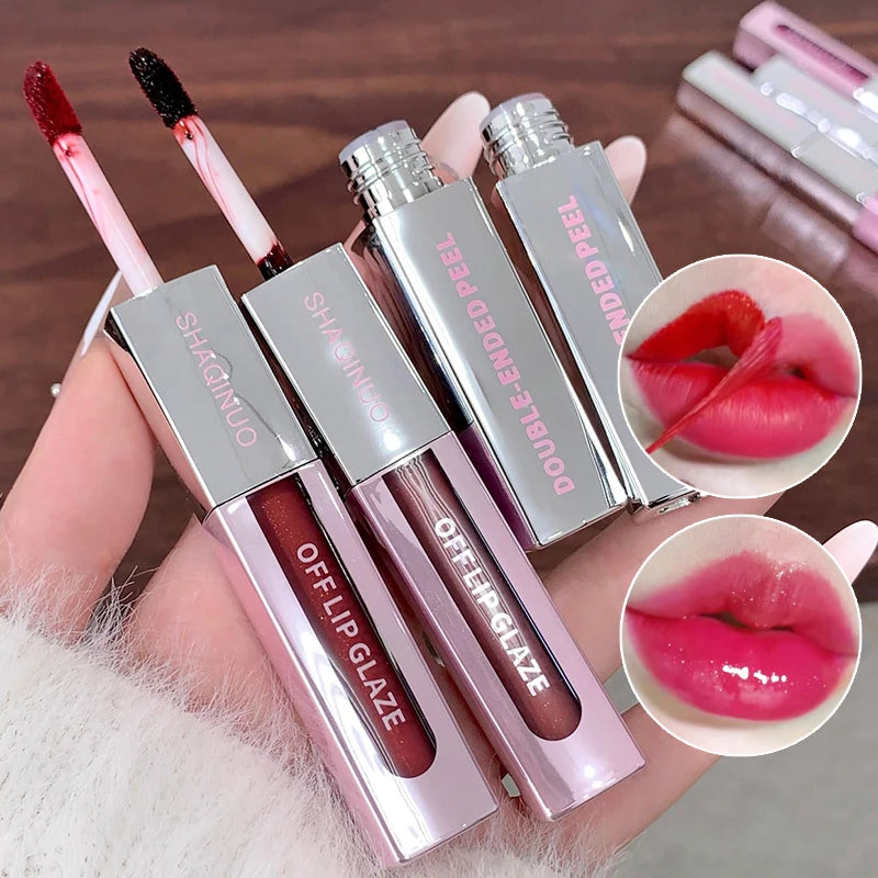 2 in 1 Matte Tear Off Lip Glaze Water Light Mirror Lip Stain Tattoo Peel-off Lip Gloss Waterproof Rose Lips Tint Lipstick Makeup
