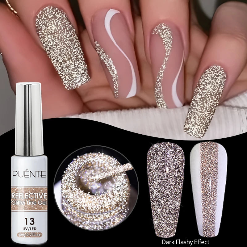 PUENTE 7.5ML Golden Gems Cat Magnetic Gel Nail Polish Pink Brown Blue Colors Golden Glitter Cat Eye Soak Off UV Nail Art Varnish