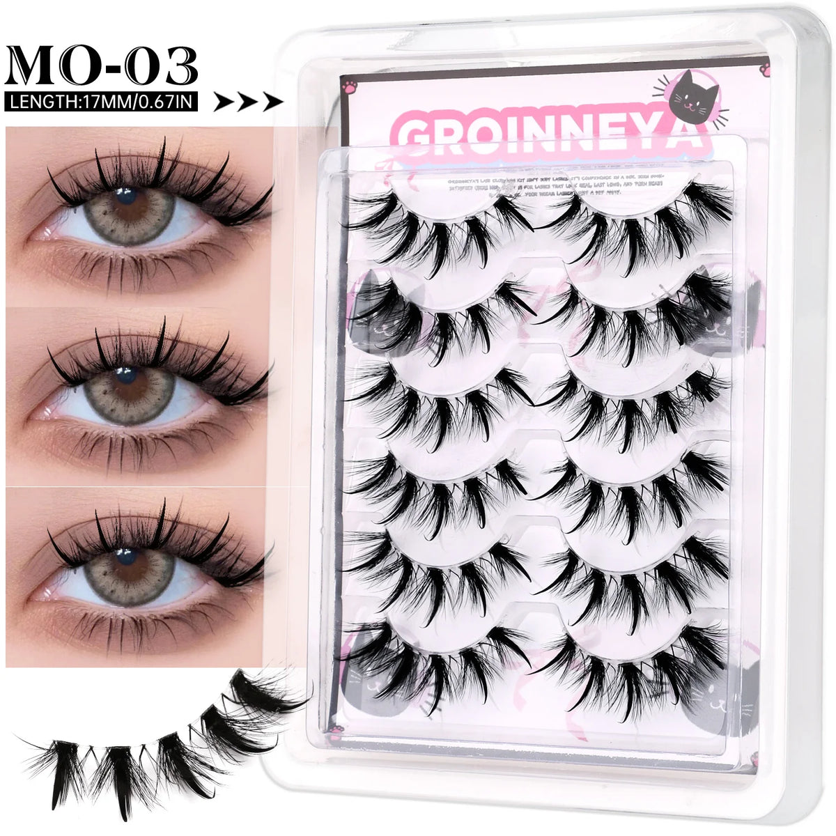 GROINNEYA Manga Eyelashes Natural Spiky Mink Lashes Natural Curl Full Strip Clear Stem Lashes Soft Fake Lashes Extension Makeup