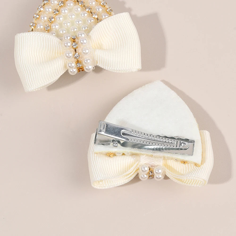 2Pcs Cat Ear Bow Hair Clips Elegant Pearls Rhinestone Hairpins Ribbon Barrette For Girls Children Headdress Hair Accessories
