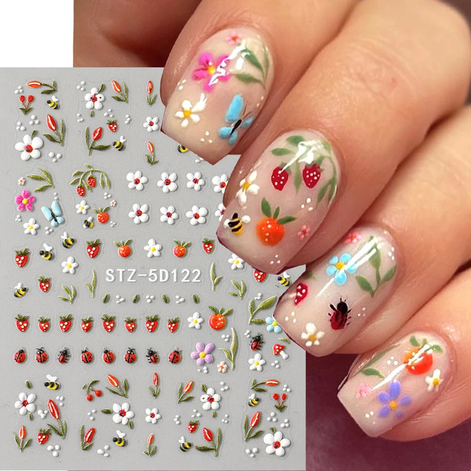 3D Embossed Kawaii Ladybug Sliders Spring White Daisy Flowers Nail Stickers DIY Simple Petals Wedding Nails Decals Accesories
