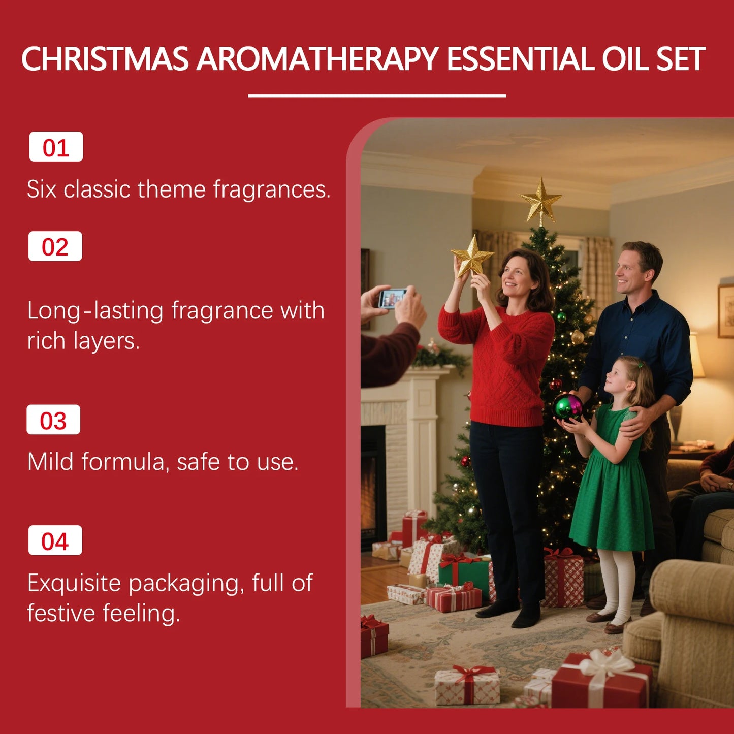 Christmas Aromatherapy Essential Oil Set  Long Lasting Fragrance 6 Holiday Scents Festive Scents & Relaxing Atmosphere 6x10ml