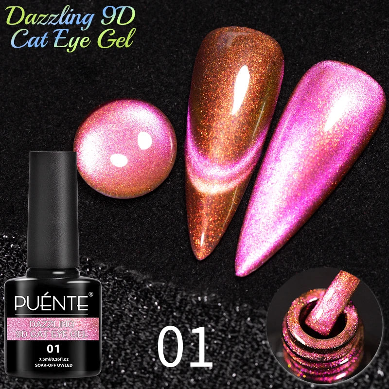 PUENTE 7.5ML Golden Gems Cat Magnetic Gel Nail Polish Pink Brown Blue Colors Golden Glitter Cat Eye Soak Off UV Nail Art Varnish
