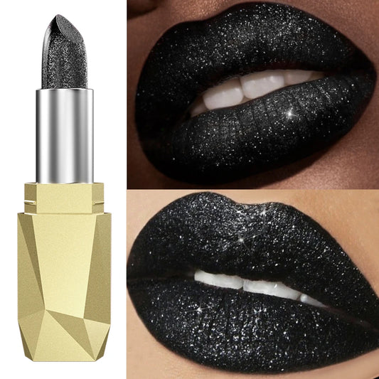 Black 1pc glitter metallic finish lipstick hydrating sparkling highly pigmented lip tints lip Korean makeup gifts lip glaze