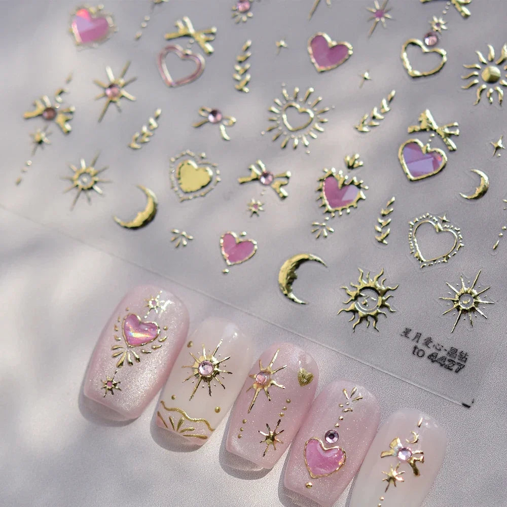 Elegant Gold Scepter 5D Nail Art Stickers Gorgeous Gemstone Luxury Courtly Pattern Necklace Frame Self Adhesive Manicure Decals