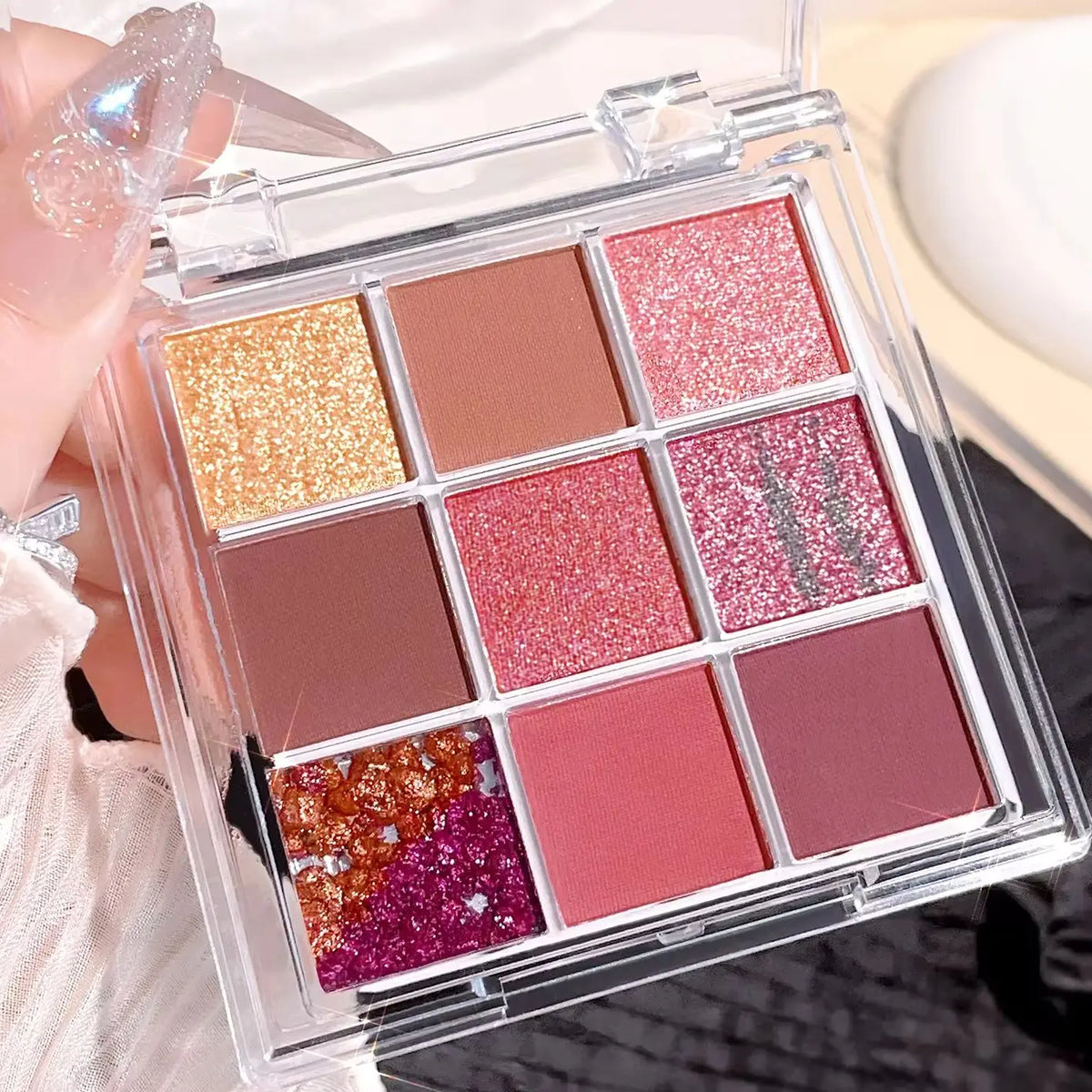 Summer 9 color eyeshadow palette: Orange brown, pink and gold, matte shimmer effect, lasting makeup, keep glitter rose Eyeshadow