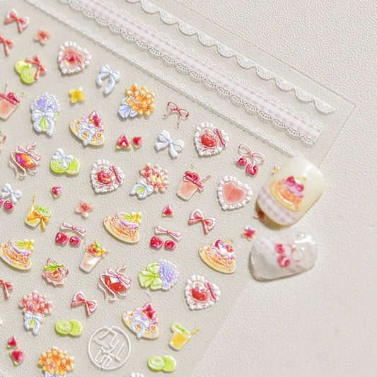 Pink Pudding Cherry Bowknot Heart shaped Star Claw Print Sweet Self Adhesive 5D Nail Art Decoration Sticker Manicure Decal DIY