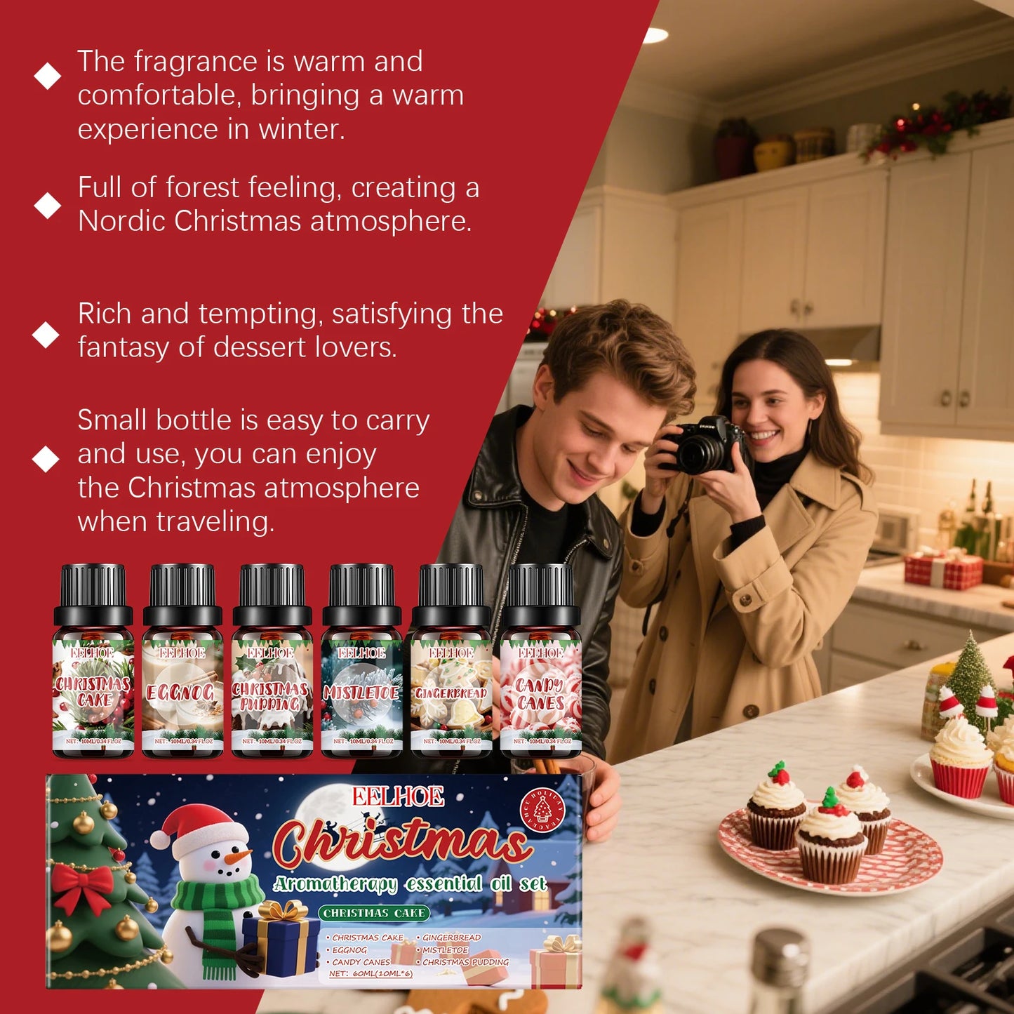 Christmas Aromatherapy Essential Oil Set  Long Lasting Fragrance 6 Holiday Scents Festive Scents & Relaxing Atmosphere 6x10ml