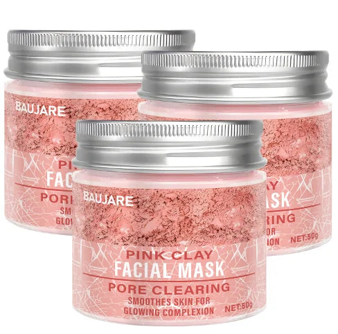 Pink Clay Facial Mask: Pore Clearing, Removes Dirt, Smooths Skin, With Collagen/Biotin for Glowing Complexion