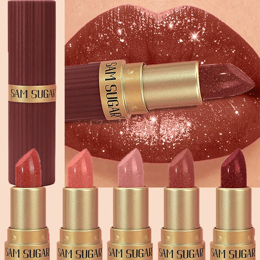 Diamond Chocolate Red Lipstick Pearlescent Glitter Velvet Lipstick Waterproof Shiny Metallic Matte Lip Gloss Non-fade Makeup