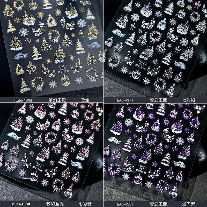 Christmas Nail Stickers Snowflake Nail Art Stickers Metal Silver Self-Adhesive Nail Decals ChristmasTree Winter Manicure Sliders