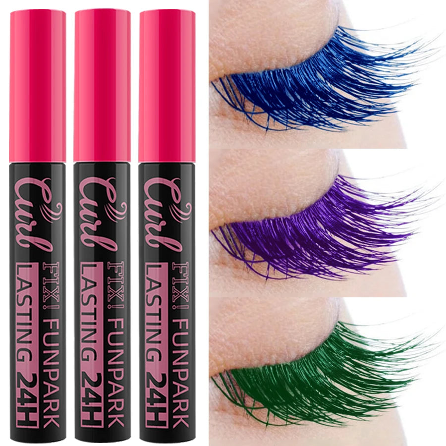 3pcs Colorful 3D Eye Blue Green Purple Mascara Waterproof Lengthens Eyelashes Extension Silk Fiber Mascare Long Lasting Eye Makeup for Women Cosmetic Korean Make up