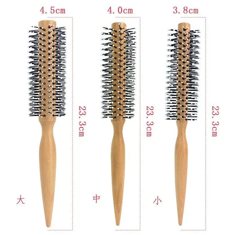 Mini Round Nylon Hairbrush Curly Hair Styling Comb Rolling Comb Round Brush for Thin or Short Hair Men with Wooden Handle