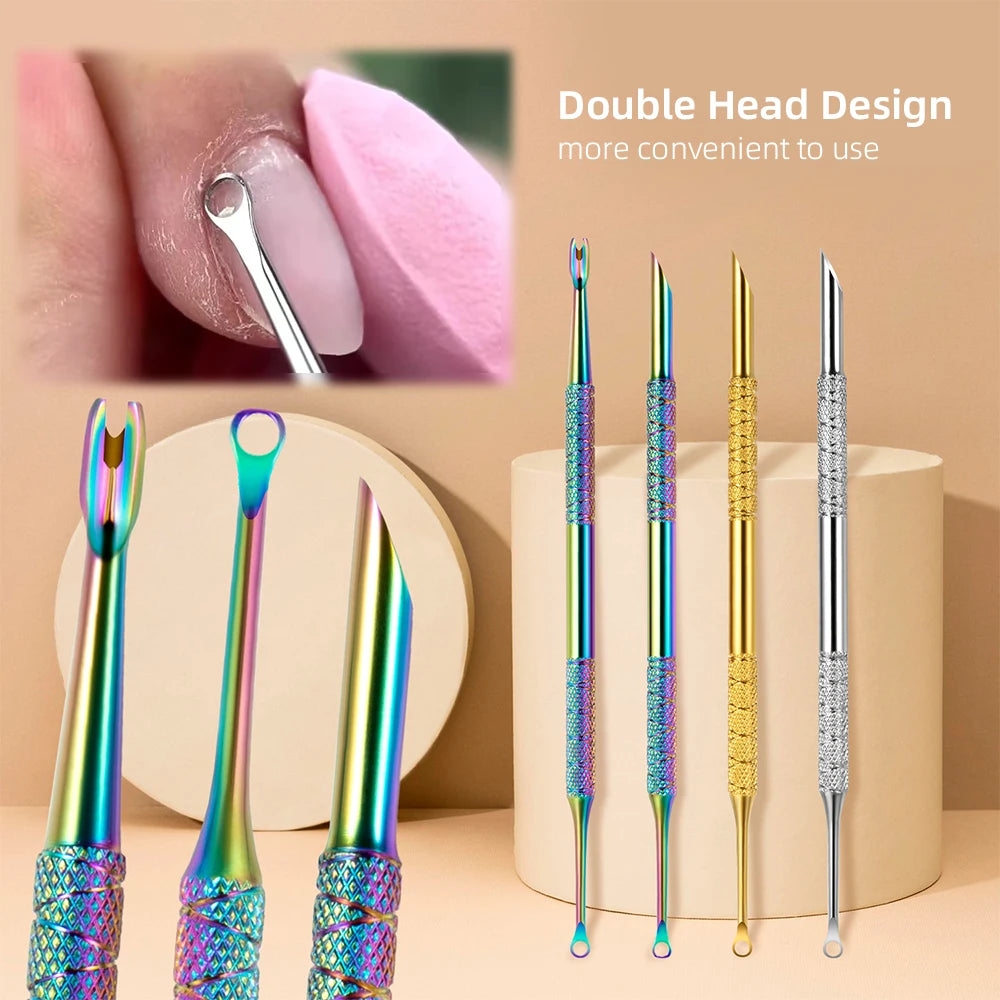 Double-Tip Stainless Steel Cuticle Pusher Grinder Circular Beveled Edge Gentle Dead Skin Removal Nail Tool Manicure Cuticle Care