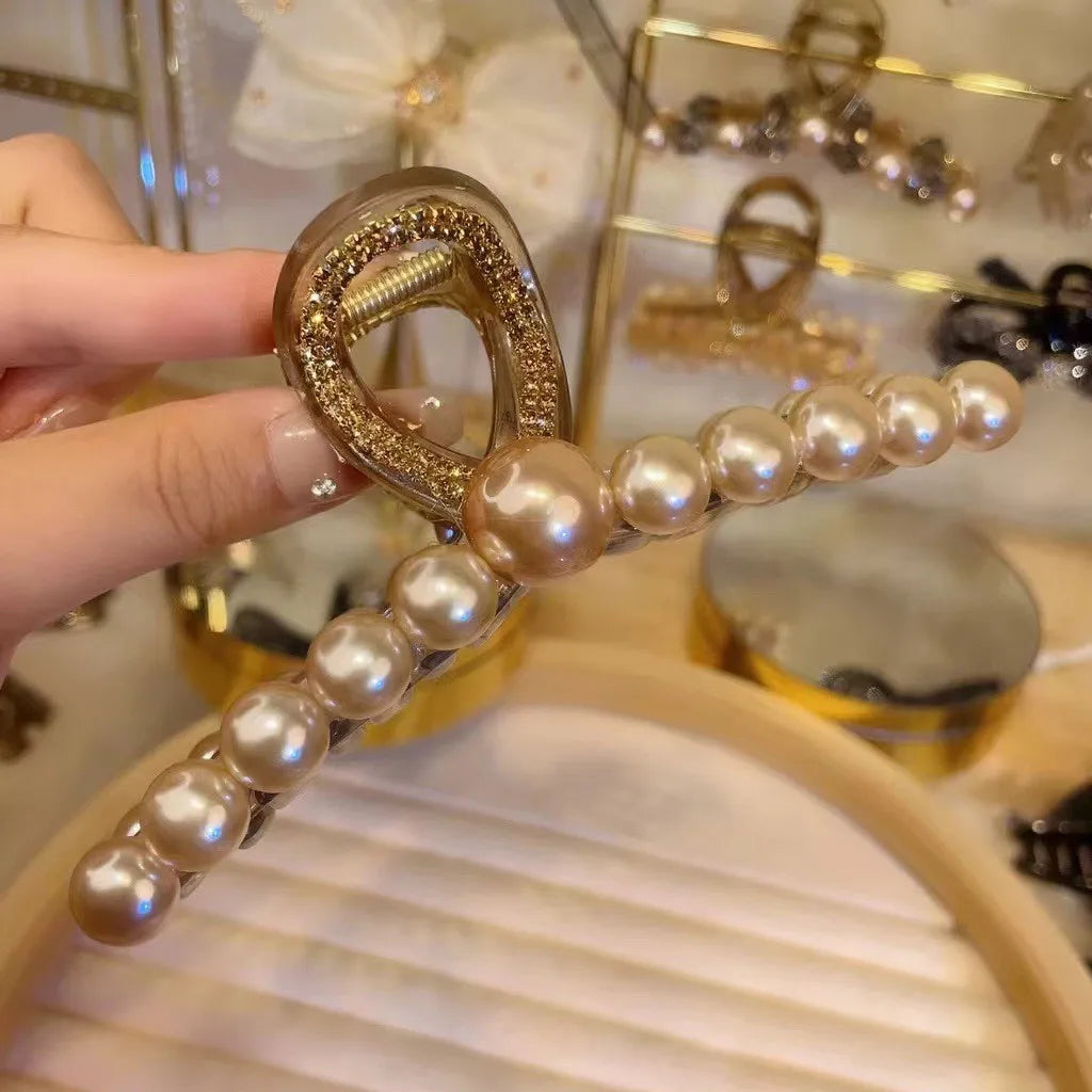 Luxury Gold Crystal Bow Pearl Hair Claw Clip, Elegant Rhinestone Decorated Non-Slip Jaw Clip, Glamour Hair Accessory for Women