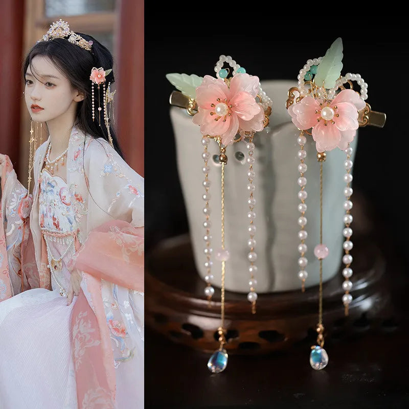 2pcs Chinese Hanfu Hair Clips Hairpins Flower Girls Pink Barretes Crystal Tassel Children Hair Accessories Jewelry Headwear