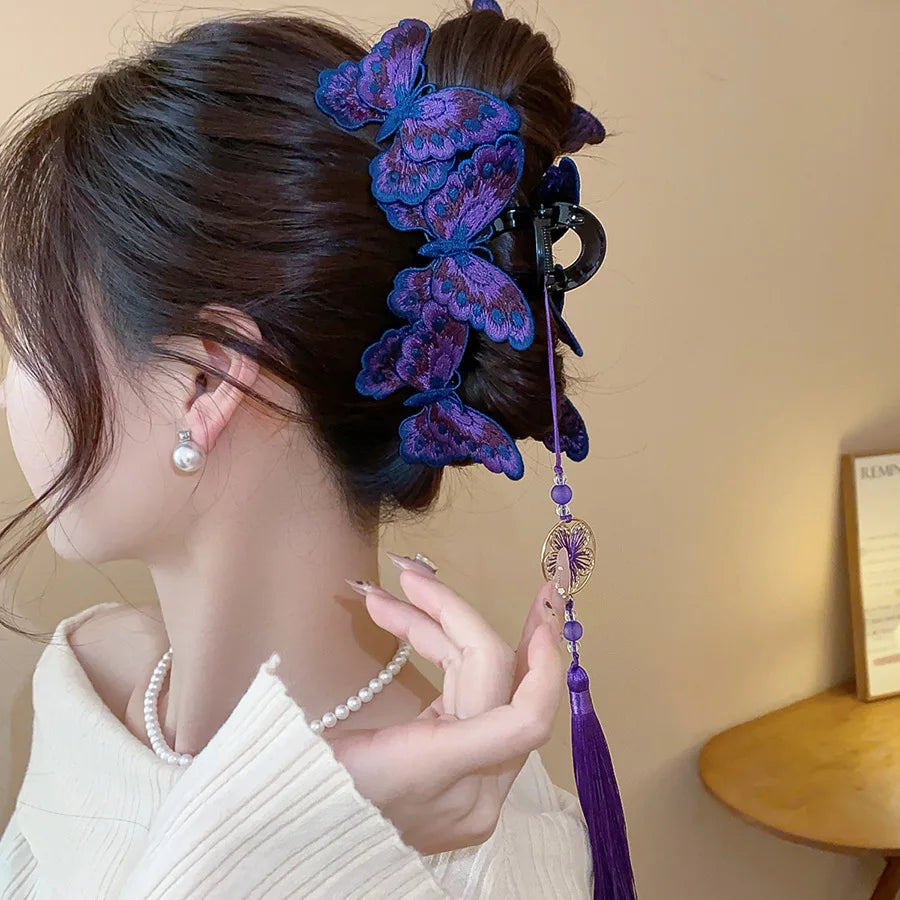 New Chinese Style Kniting Butterfly Hair Claws Women's Purple Long Flower Tassel Shark Grab Clips Vintage Hanfu Headpiece W