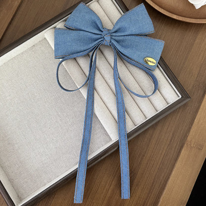Vintage Denim Blue Hair Bow Clip Long Ribbon Hairpins Barrettes Headwear For Women Girls Accessories Wedding Jewelry Hair Ties
