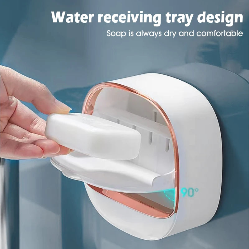 Soap dish with drainage tray, wall-mounted shower holder, keeps bars dry, flip-top waterproof soap holder requiring no drilling