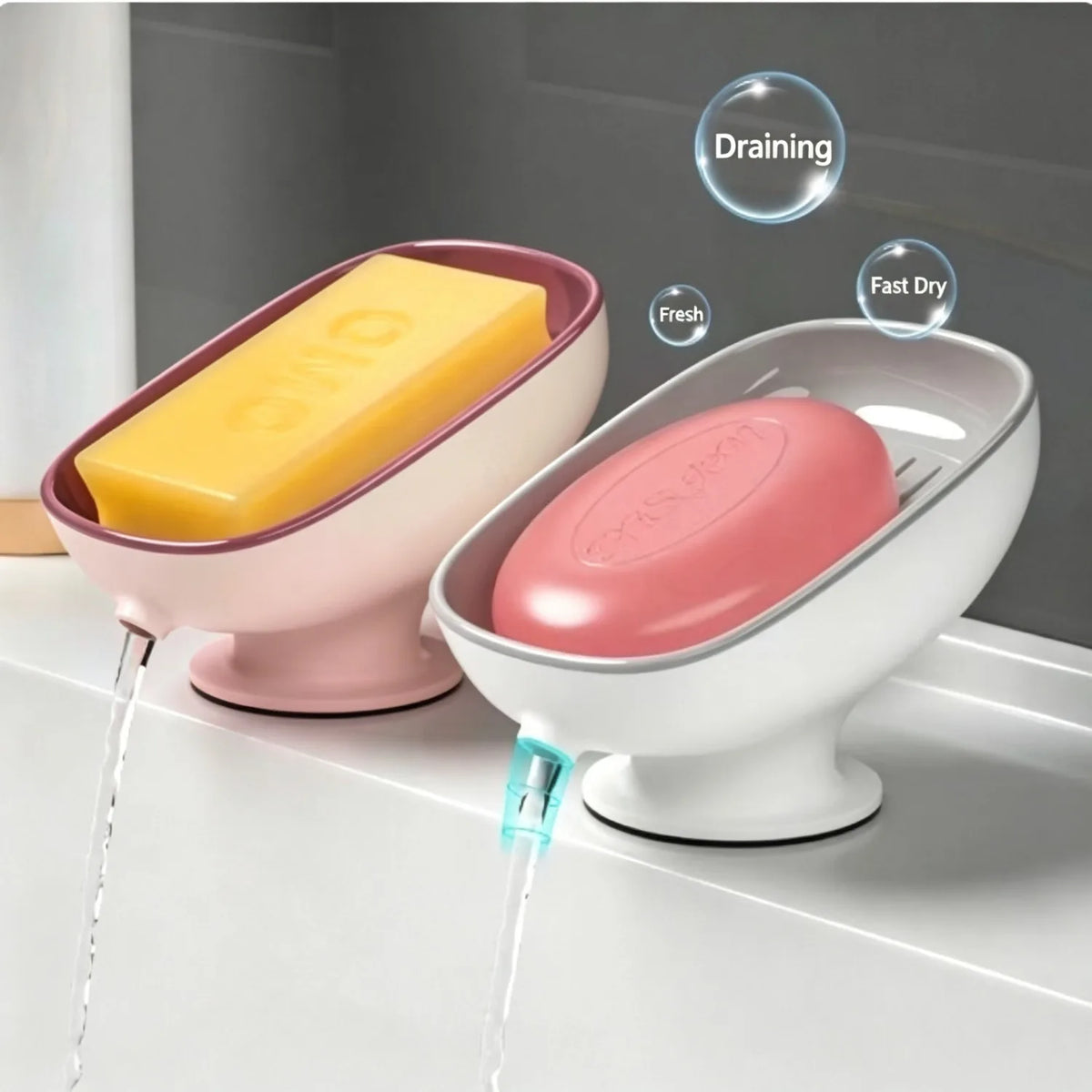 2-in-1 Bathroom Soap Holder with Suction Cups, Countertop Self Draining Soap Dish, Dual Storage for Round Square Large Soap