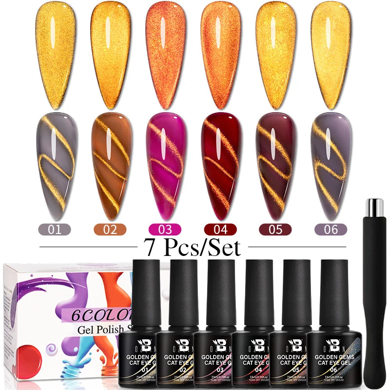 1- 6pc Golden Glitter Cat Magnetic Nail Gel Cat Eye Holographic Reflective Semi Permanent UV Gel Soak Off Sparkling Nail Art